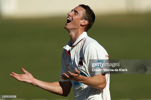 Peter George of the Redbacks reacts after getting his fifth wicket during day two of the Shieffield Shield match between the South Australia Redbacks...