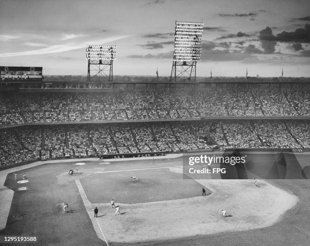 High angle view of Sportsman's Park, also known as Busch Stadium, in St Louis, Missouri, circa 1955. The stadium served as the home ground of the St...