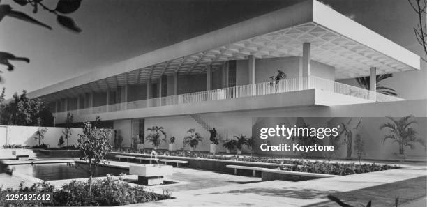 General view of the exterior of the Museo de Arte de Ponce , designed by architect Edward Durell Stone, featuring grille openings in the walls to...