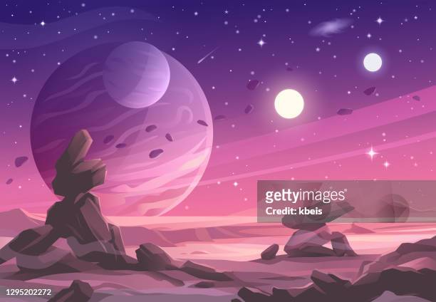 illustrazioni stock, clip art, cartoni animati e icone di tendenza di paesaggio del pianeta alieno sotto un cielo viola - assenza
