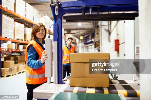 female worker packaging at the conveyor belt. - boxes conveyor belt stock pictures, royalty-free photos & images
