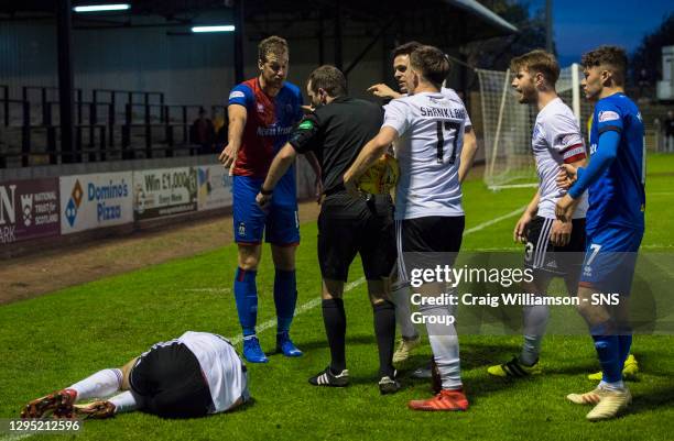 V INVERNESS CT.SOMERSET PARK - AYR.Inverness CT's Jordan White speaks with the referee Alan Muir after a challenge on Ayr United's Aaron Muirhead.