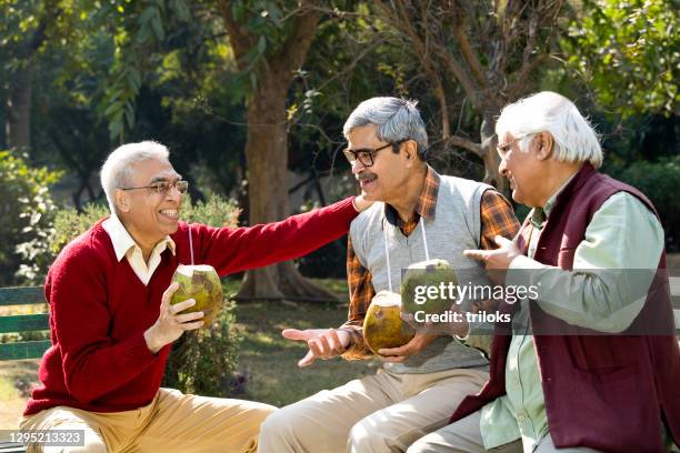 senior men enjoying fresh coconut drink at park - coconut water stock pictures, royalty-free photos & images