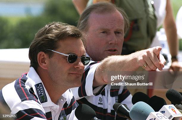 England Coach Glenn Hoddle and David Davies of the FA talk at a press conference during pre-World Cup training at their camp in La Manga, Spain. \...