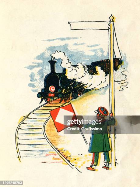 little boy at railroad track guiding a locomotive 1899 - locomotive illustration stock illustrations