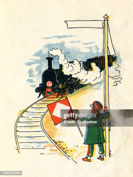 little boy at railroad track guiding a locomotive 1899 - railroad conductor stock illustrations