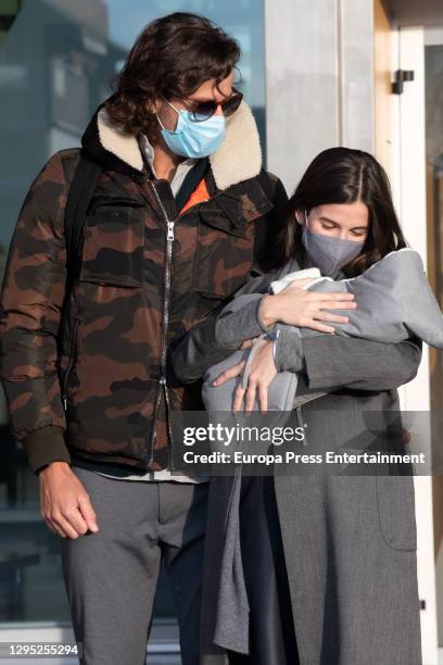 Feliciano Lopez and Sandra Gago present their newborn child Dario Lopez Gago at Hospital Quiron on January 06, 2021 in Madrid, Spain.