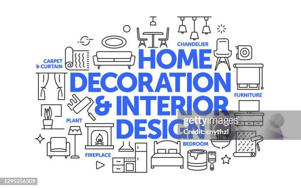 home dekoration und innenarchitektur verwandte web banner linie stil. moderne lineare design vektor-illustration für web-banner, website-header usw. - carpet decor stock-grafiken, -clipart, -cartoons und -symbole