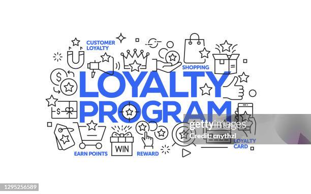 ilustraciones, imágenes clip art, dibujos animados e iconos de stock de estilo de línea de banner web relacionado con el programa de lealtad. ilustración vectorial de diseño lineal moderno para web banner, encabezado del sitio web, etc. - programa de lealtad