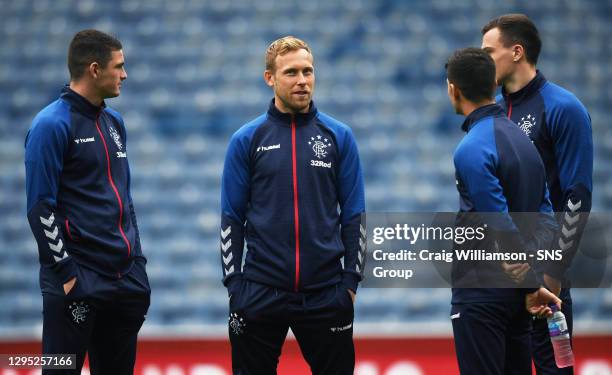 V DERBY COUNTY.IBROX - GLASGOW . Rangers' Jake Hastie, Scott Arfield, Jordan Jones, and George Edmundson.