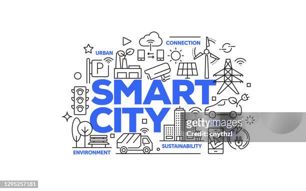 smart city related web banner line style. modern linear design vector illustration for web banner, website header etc. - futuristic city stock illustrations