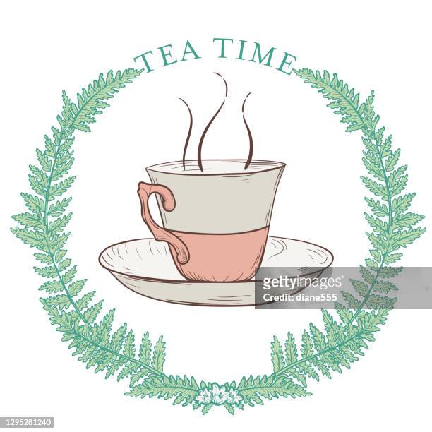 stockillustraties, clipart, cartoons en iconen met theekopje in een krans van varens - afternoon tea