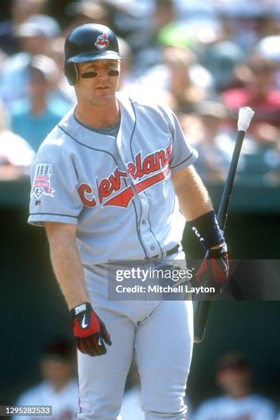 Jim Thome of the Cleveland Indians looks on during a baseball game against the Baltimore Orioles on September 1, 1997 at Camden Yards in Baltimore,...