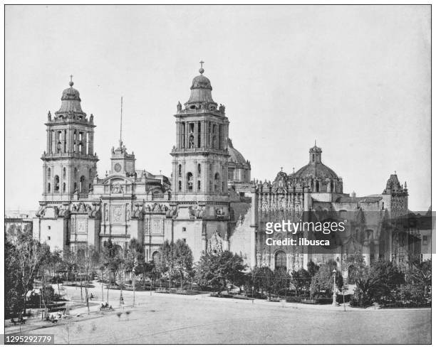 antique photograph: cathedral of mexico city, mexico - black and white landscape stock illustrations