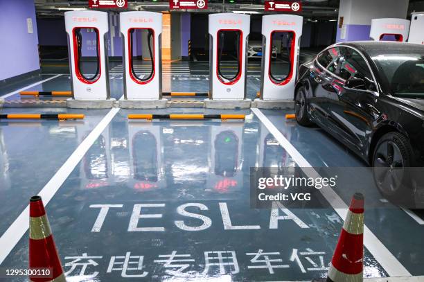 View of the world's largest Tesla supercharger station with 72 stalls at the Jing'an International Center on January 8, 2021 in Shanghai, China.