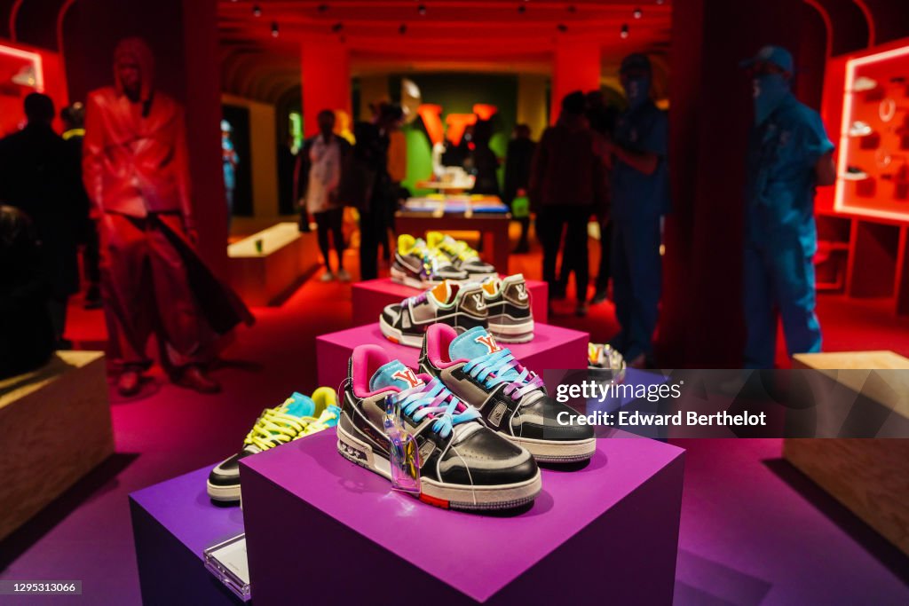 General view of displayed colored LV Trainer sneakers, during the