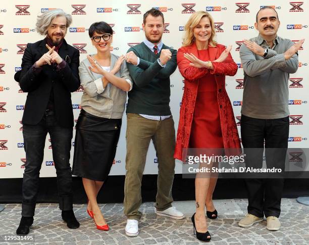 Marco Castoldi, Rosalba Pippa, Alessandro Cattelan, Simona Ventura and Stefano Belisari attend X Factor Press Conference on October 18, 2011 in...