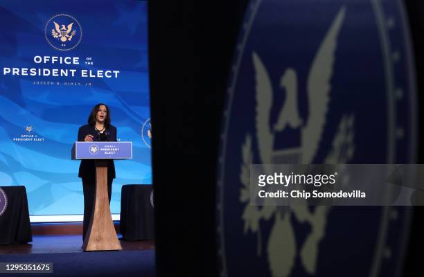 Vice President-elect Kamala Harris delivers remarks after U.S. President-elect Joe Biden announced nominees of his cabinet that will round out his...