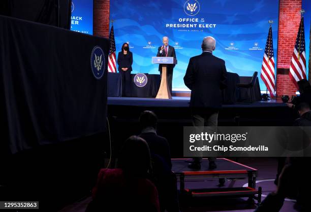 Vice President-elect Kamala Harris and U.S. President-elect Joe Biden field questions from Wall Street Journal reporter Ken Thomas after announcing...
