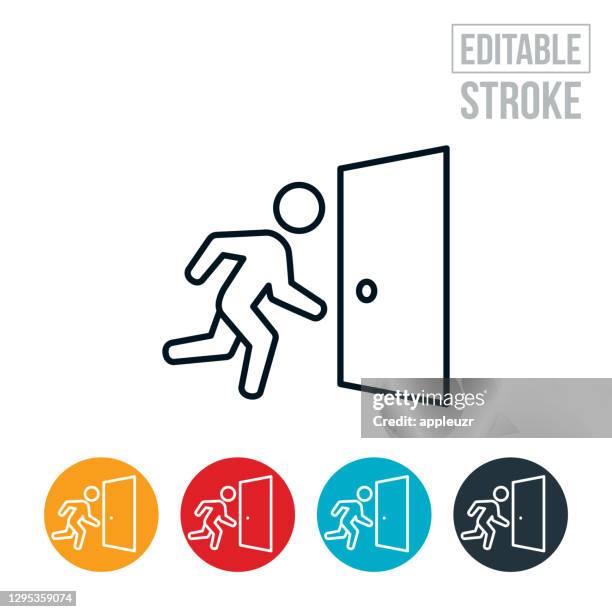 person running to exit door thin line icon - editable stroke - handle icon stock illustrations