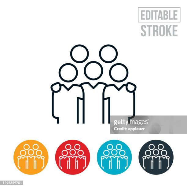ilustrações de stock, clip art, desenhos animados e ícones de five business people with arms around each others shoulders thin line icon - editable stroke - cinco pessoas