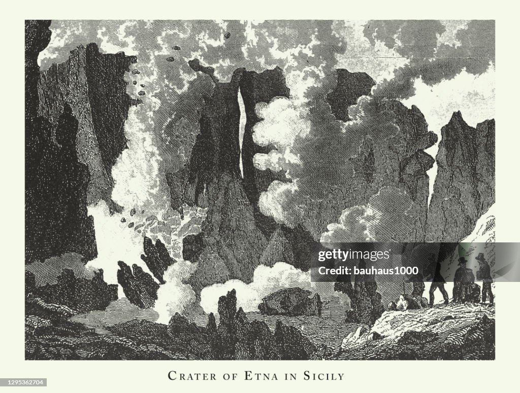 Engraved Antique, Crater of Etna in Sicily, Volcanoes, Geysers, and Water Falls Engraving Antique Illustration, Published 1851