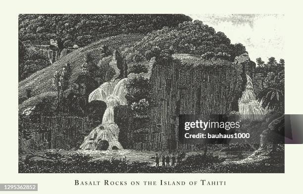 engraved antique, basalt rocks on the island of tahiti, forests, lakes, caves and unusual rock formation engraving antique illustration, published 1851 - isle of wight map stock illustrations