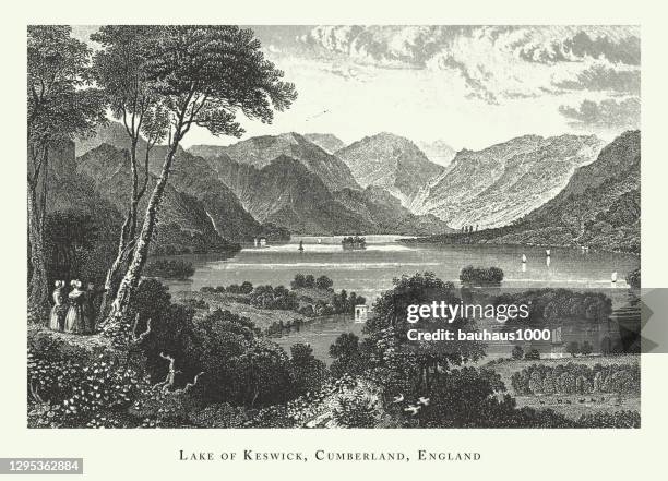 engraved antique, lake of keswick, cumberland, england, forests, lakes, caves and unusual rock formation engraving antique illustration, published 1851 - isle of wight map stock illustrations