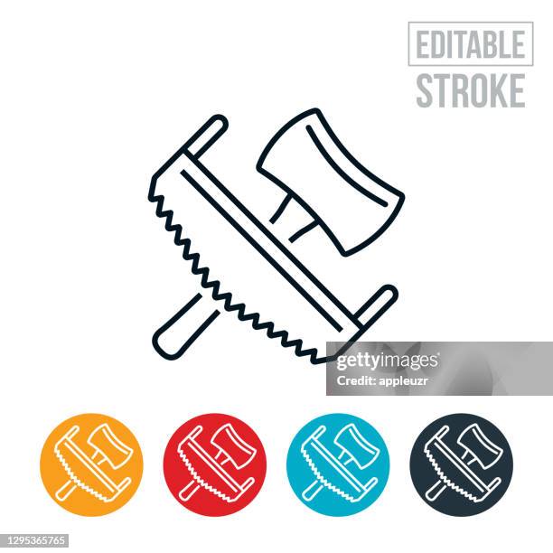 lumberjack axe and saw thin line icon - editable stroke - lumberjack stock illustrations