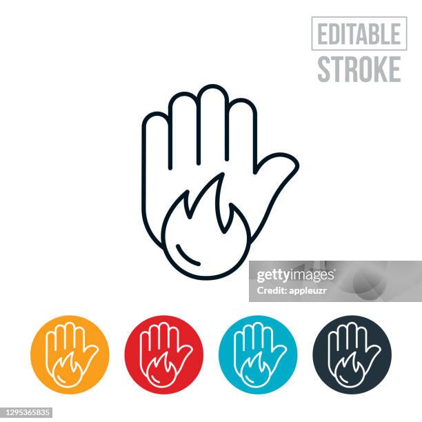 fire safety thin line icon - editable stroke - hand burn stock illustrations