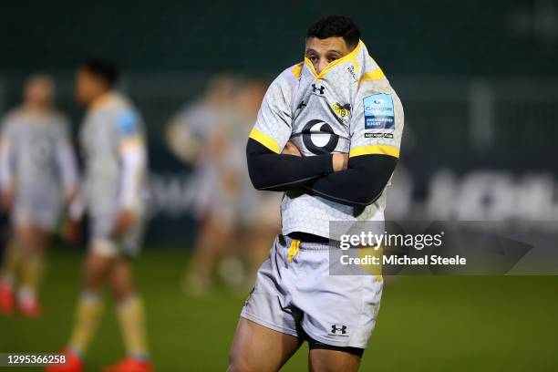 Lima Sopoaga of Wasps feels the cold during the Gallagher Premiership Rugby match between Bath and Wasps at The Recreation Ground on January 08, 2021...