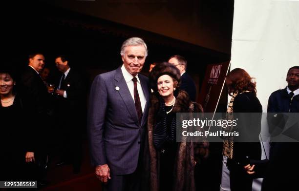 Hollywood veteran Charlton Heston and his wife, Lydia Clarke, April 6, 1992 at an event in Beverly Hills, Los Angeles, California