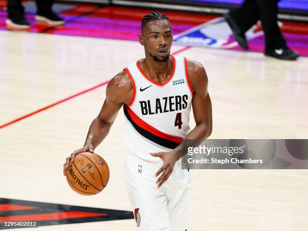 Harry Giles III of the Portland Trail Blazers dribbles against the Minnesota Timberwolves during the fourth quarter at Moda Center on January 07,...