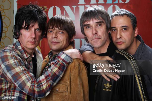 John Squire, Mani, Ian Brown and Reni of The Stone Roses pose for a portrait to announce they have reformed for two nights at Heaton Park in...