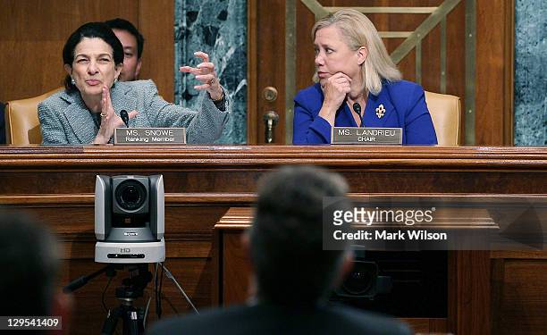 Sen. Olympia Snowe questions U.S. Treasury Secretary Timothy Geithner while Chairman U.S. Sen. Mary Landrieu listens during a Senate Small Business...