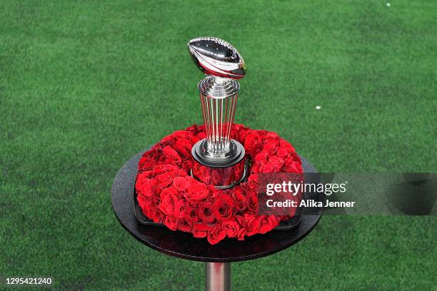 General view of the Leishman Trophy during the College Football Playoff Semifinal at the Rose Bowl football game between the Alabama Crimson Tide and...