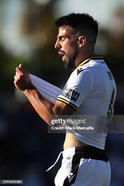 Benat Etxebarria of the Bulls reacts during the A-League match between Macarthur FC Bulls and the Wellington Phoenix at Campbelltown Stadium, on...