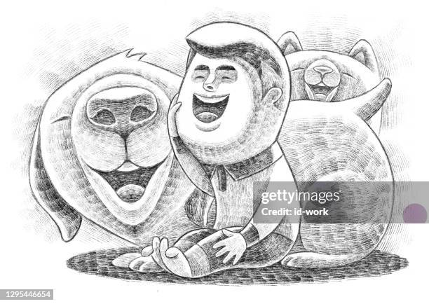 boy laughing with dog cat sketch - child sitting on floor stock illustrations