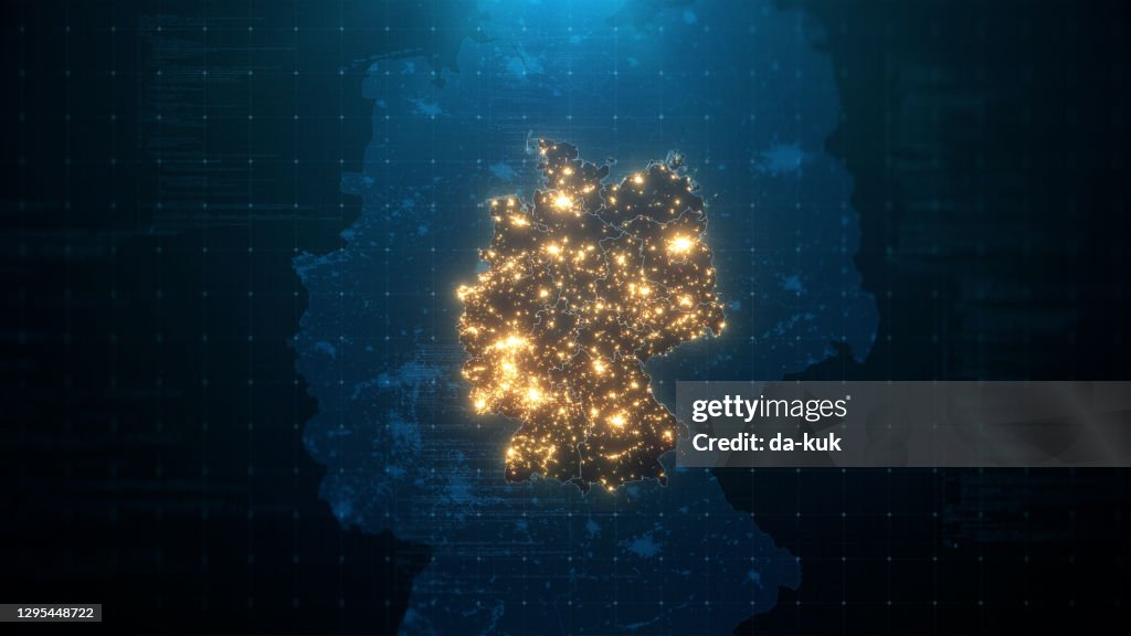 Night Map of Germany with City Lights Illumination