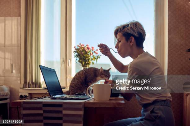woman eats in front of laptop screen - man eating pie stock-fotos und bilder