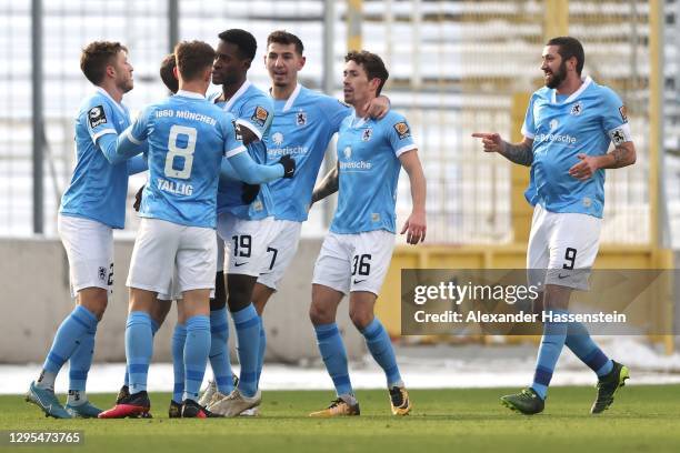Sascha Mölders of 1860 München celebrates with his team mates the opening goal during the 3. Liga match between Bayern Muenchen II and TSV 1860...