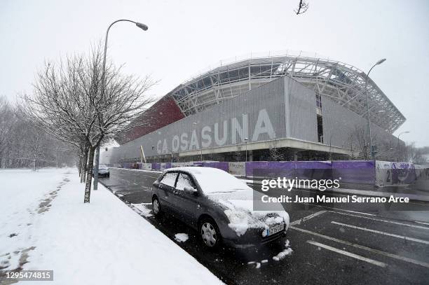 Snow is seen falling outside the stadium prior to the La Liga Santander match between C.A. Osasuna and Real Madrid at Estadio El Sadar on January 09,...