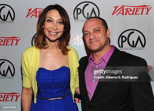 Actress Illeana Douglas and Games for Change's Asi Burak attend The Producers Guild of America's Digital 25: 2011 Leaders in Emerging Entertainment...