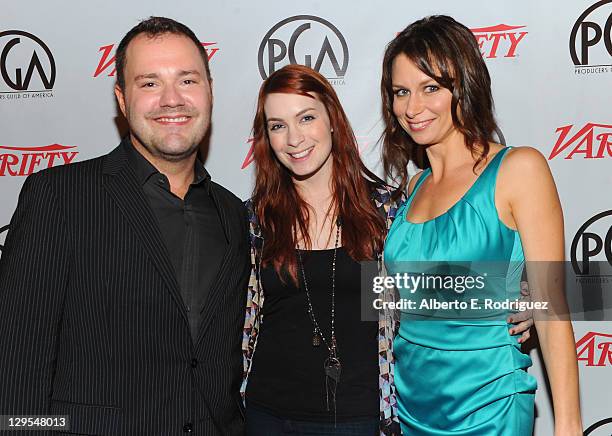 Actor Wilson Cleveland, actress Felicia Day and actress Mary Lynn Rajskub attend The Producers Guild of America's Digital 25: 2011 Leaders in...