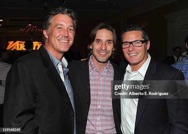 Sony Pictures Home Entertainment's John Calkins, event co-chair Marc Scarpa and Lionsgate's Curt Mavis attend The Producers Guild of America's...