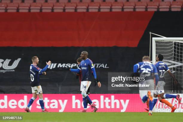 Dylan Bahamboula of Oldham Athletic celebrates with teammate Davis Keillor-Dunn after scoring his team's first goal during the FA Cup Third Round...