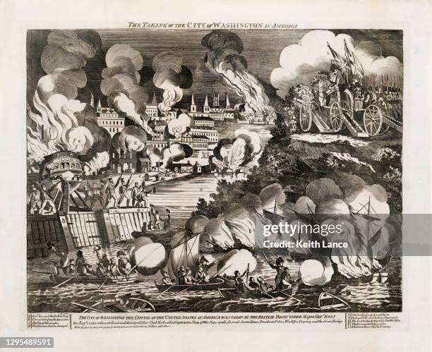 stockillustraties, clipart, cartoons en iconen met the burning of the city of washington, 1814 - battlefield