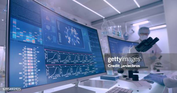 equipo de laboratorio futurista - pruebas de coronavirus. vista trasera de los científicos - biosensor fotografías e imágenes de stock