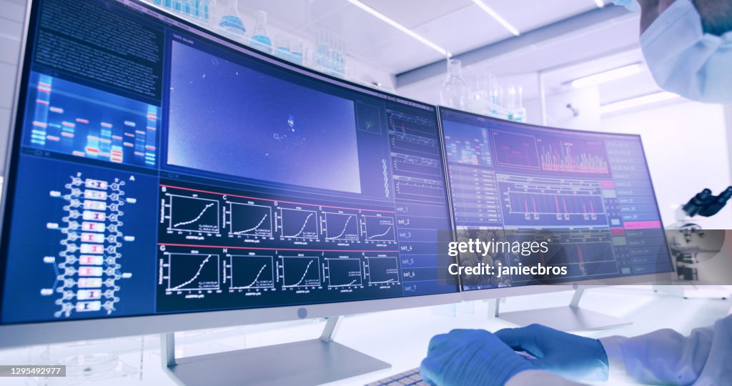 Lab Computer Dna Scientist Studying Dna Samples Computer Screens With Dna Sequences High ...