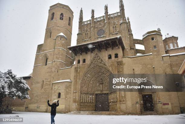 Cathedral of the city in the snow after the Filomena storm, on January 09 in Huesca, Aragon, Spain.